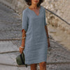 Cotton Linen Dress Vintage Casual V Neck Loose Waist Midi Beach Dress Women Clothing stitching retro solid color dress for women