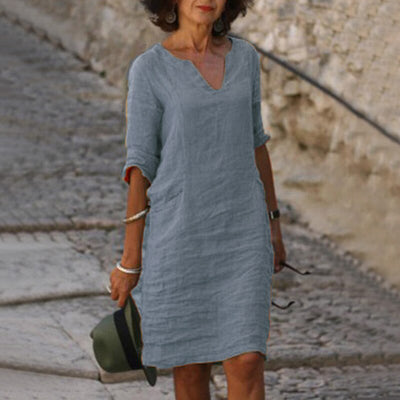 Cotton Linen Dress Vintage Casual V Neck Loose Waist Midi Beach Dress Women Clothing stitching retro solid color dress for women