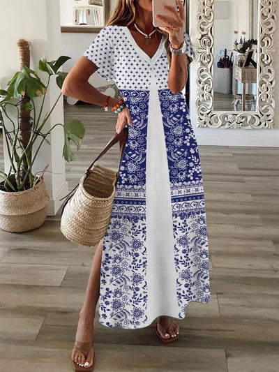 Boho Summer Beach Sundress Robe Female Casual Vintage Print Loose Long Dress Cover Up Women Hollow Short Sleeve Dress Cover-Ups