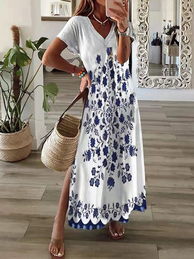 Boho Summer Beach Sundress Robe Female Casual Vintage Print Loose Long Dress Cover Up Women Hollow Short Sleeve Dress Cover-Ups