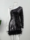 Irregular Slash Shoulder Female Evening Robe Sequined Feather Suspender Dress Sexy Long Sleeve Backless High Waist Ball Gown