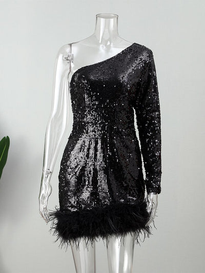 Irregular Slash Shoulder Female Evening Robe Sequined Feather Suspender Dress Sexy Long Sleeve Backless High Waist Ball Gown