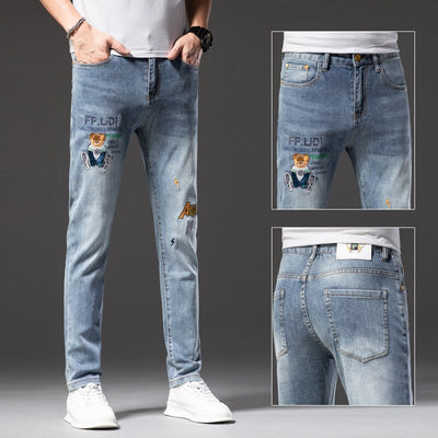 Summer High End Trendy Brand Printed Jeans Men Thin Slim Fit Skinny Trousers With Red Ears And Stretch Hand Embroidered Diamonds