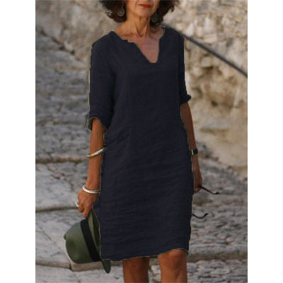 Cotton Linen Dress Vintage Casual V Neck Loose Waist Midi Beach Dress Women Clothing stitching retro solid color dress for women