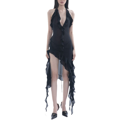 HOXIJIA Women Sexy Sleeveless Slit Dress Solid Color 3D Flower Sheer Mesh Irregular Ruffled Hem Tassels Dresses