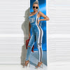 Oshoplive Polyester&Spandex U-Neck Letter Print Split-Joint Sleeveless Jumpsuit&Dress Women Fashion Hollow Out Skinny Jump Suit