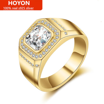 HOYON 14k Yellow Gold Color Rectangle Cut Simulation Diamond Ring For Men Women White Gold Coating AAA Zircon Fine Jewelry Gifts
