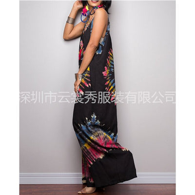 Summer New Women's Dress 2022 Vintage Street Fashion Casual Tie Dye Print Wide Leg Lace Loose Bodysuit Women