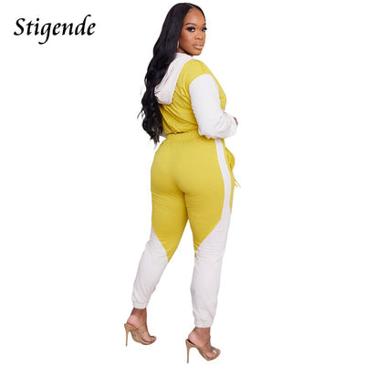 Stigende Women Fashion Spliced Colour Tracksuit Hooded Sweatshirt and Sweatpants Set Ladies Fitness Two Piece Set Active Wear