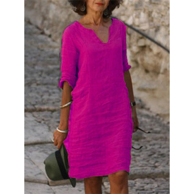 Cotton Linen Dress Vintage Casual V Neck Loose Waist Midi Beach Dress Women Clothing stitching retro solid color dress for women