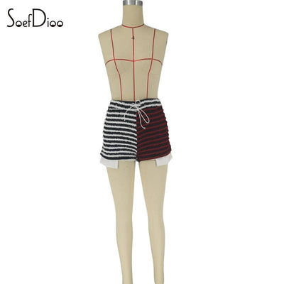 Soefdioo Fashion Knit Striped Patchwork Trans Elastic Shorts Women Casual Split Side Shorts Trouser 2023 Active Wear Going Out