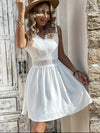 Women White Mini Dress Elegant Lace Dress Female V Neck Sleeveless Short Dress Ladies Hollow Out High Waist Dress Summer