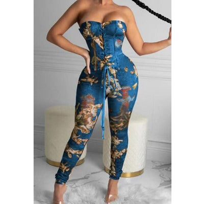 Print Off Shoulder Fashion Women Jumpsuits Sexy Lace Up Workout Active Wear Fashion Overalls One Piece Bodycon Rompers Clubwear