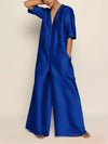 Uoozee 2023 Summer New Fashion Solid Color Loose Jumpsuit Half Sleeves V-Neck Wide Leg Pants Casual Jump Suits For Women