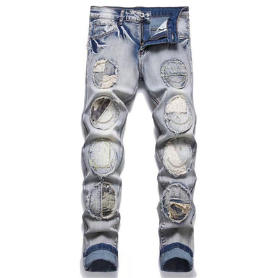 EH·MD Stitch Emoticon Jeans Men Scraped Thread White Gradient Slimming Tights Cotton High Elastic Zip Knee 3D Embroidery Smile23