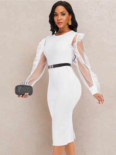 White Dress O Neck Transparent Mesh Long Sleeve Ruffle Women Elegant Office Lady Work Wear Modest Classy Female African Fashion