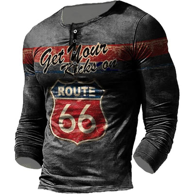 Vintage Men's T Shirt Long Sleeve Cotton Top Tees USA Route 66 Letter Graphic 3D Print T-Shirt Fall Oversized Loose Clothing 5XL