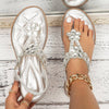 Women Rhinestone Sandals Slingback Wedges Elastic Ankle Strap Bohemian Beach Metallic Rhinestone Decor Thong Sandals Zapatos