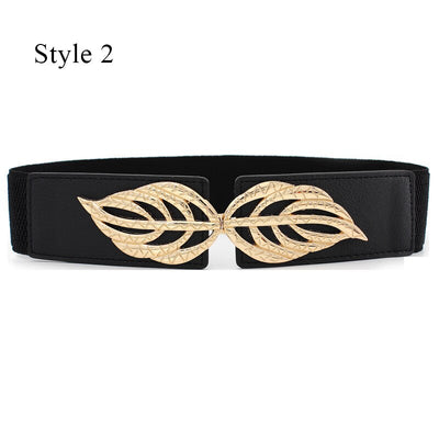 Women'S Elastic Wide Belt Golden Leaves Waist Belt Buckle Female Dress Coat Sweater Decorative Waistbands Fashion Cummerbands