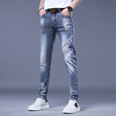 Summer High End Trendy Brand Printed Jeans Men Thin Slim Fit Skinny Trousers With Red Ears And Stretch Hand Embroidered Diamonds