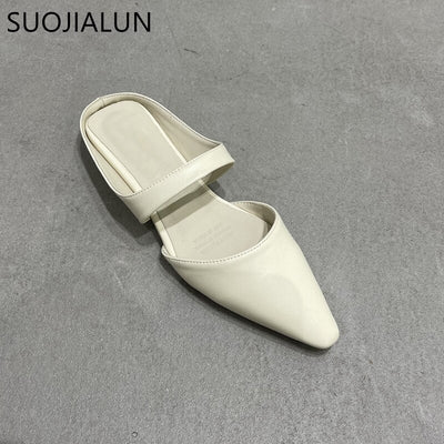 SUOJIALUN 2023 Spring New Women Slipper Fashion Pointed Toe Shallow Slip On Ladies Mules Shoes Soft Ladies Casual Sandal Shoes