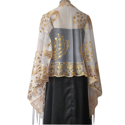 Spring Autumn Sequin Shawl Peacock Embroidery Tassel Shawl Party Evening Dress Shawl Cloak Ponchos Capes White