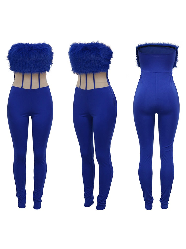 Summer Strapless Fur One Piece Club Outfit Casual Mesh Patchwork Sexy Birthday Nightclub Black Rompers Jump Suits for Women 2023
