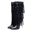 RIBETRINI Fashion Pointed Toe Fringe Sequined Mid Calf Boots For Women Zip Metallic Glitter Sexy Elegant Dress Long Shoes