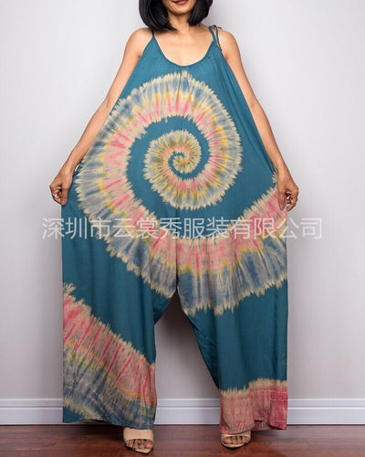 Summer New Women's Dress 2022 Vintage Street Fashion Casual Tie Dye Print Wide Leg Lace Loose Bodysuit Women