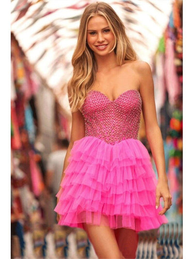 Strapless Tutu Tulle Cocktail Mini Dress Rose Red Tiered Short Dress With Rhinestone Glitter For Homecoming Prom Birthday Party