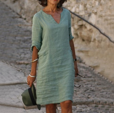 Cotton Linen Dress Vintage Casual V Neck Loose Waist Midi Beach Dress Women Clothing stitching retro solid color dress for women