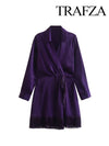 TRAFZA 2023 Women New Fashion At Home Clothing Purple V-Neck Tassel Ornament Long Sleeve Zipper Female Chic Coat Dresses