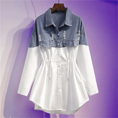 Women's Shirt Spring 2022 New Dress Denim Jacket Splicing Shirt Pull Rope Two Piece Skirts Draw String Shirt Dress Ladies