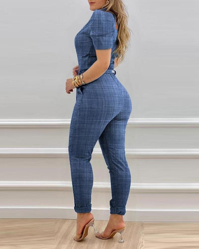 Women's Fashion Jumpsuit Summer 2023 Sexy Puff Sleeve Zipper Front Belt Women's Long Jumpsuit with Belt Women's Dress