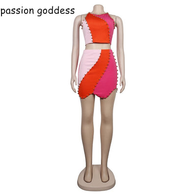 Summer Two Piece Dress Set for Women Sexy Rivet Sleeveless Tank Top and Bodycon Ruffles Edge Mini Skirts Outfits Streetwear Suit