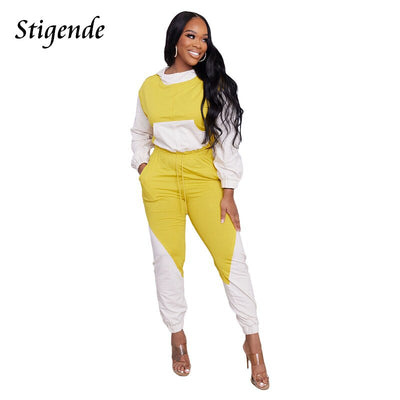 Stigende Women Fashion Spliced Colour Tracksuit Hooded Sweatshirt and Sweatpants Set Ladies Fitness Two Piece Set Active Wear