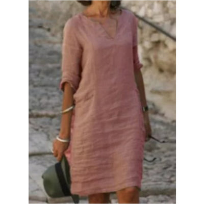 Cotton Linen Dress Vintage Casual V Neck Loose Waist Midi Beach Dress Women Clothing stitching retro solid color dress for women