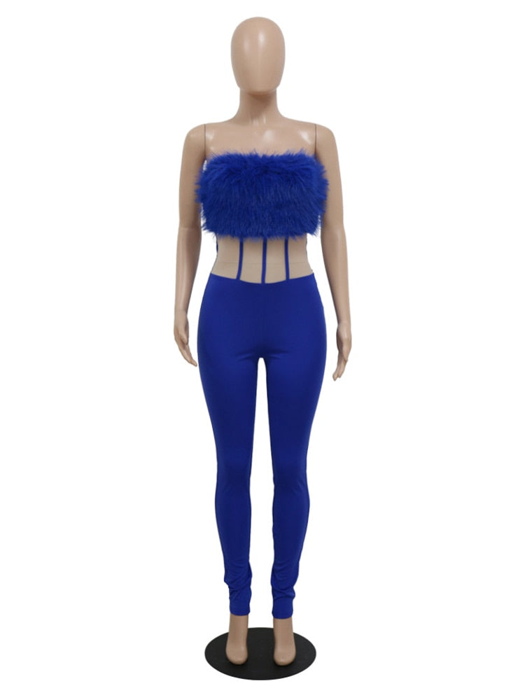 Summer Strapless Fur One Piece Club Outfit Casual Mesh Patchwork Sexy Birthday Nightclub Black Rompers Jump Suits for Women 2023