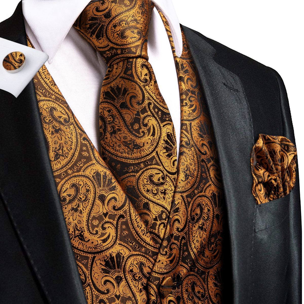 Hi-Tie 100% Silk Ivory Beige Champagne Gold Mens Vests Tie Hankerchief Cufflinks Set Jacquard Vine Waistcoat for Men Suit Dress