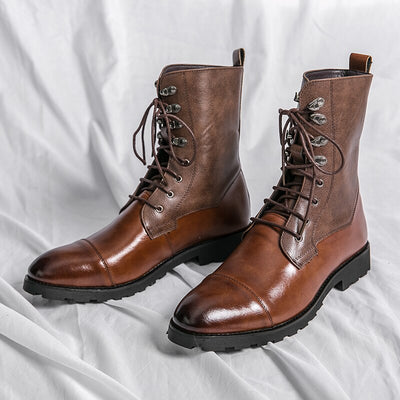 Boots Brown PU Round Head Low Heel Wing Tip Lace Up Fashion Versatile Casual Street Outdoor Daily Dress Shoes