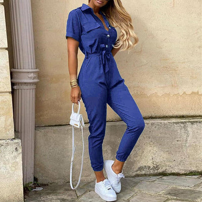 Summer  2023 Women Lapel Button Printed Belt Jumpsuit Women Elegance Short Sleeve Jump Suits for Women Overall