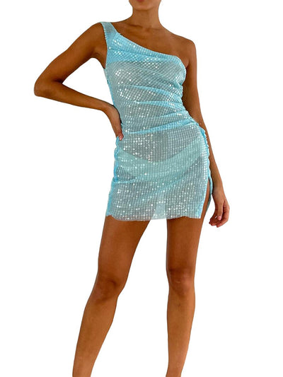 Womens One Shoulder Sequin Mini Dress Sparkly Glitter Ruched Split Bodycon Party Club Dress Swimsuit Cover Ups