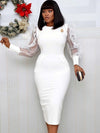 White Dress O Neck Transparent Mesh Long Sleeve Ruffle Women Elegant Office Lady Work Wear Modest Classy Female African Fashion