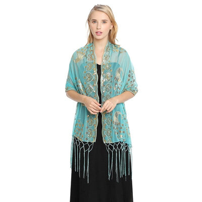 Spring Autumn Sequin Shawl Peacock Embroidery Tassel Shawl Party Evening Dress Shawl Cloak Ponchos Capes White