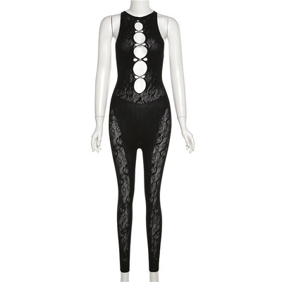 Sexy See Through Sleeveless Hipster Night Clubwear Party Overalls Women  Hollow Out Lace Mesh Patchwork Skinny Jump Suit