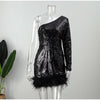 Irregular Slash Shoulder Female Evening Robe Sequined Feather Suspender Dress Sexy Long Sleeve Backless High Waist Ball Gown