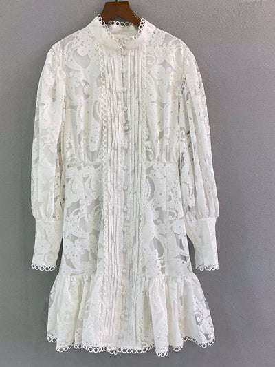 High Quality Spring Women's Fashion Designer Party Mini Dress Lantern Sleeve Gorgeous Lace Shirt Style White Print Dresses 1A264