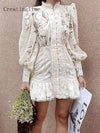 High Quality Spring Women's Fashion Designer Party Mini Dress Lantern Sleeve Gorgeous Lace Shirt Style White Print Dresses 1A264