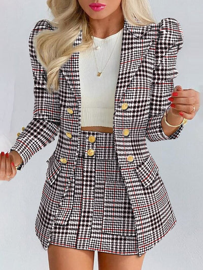 New Spring and Autumn Leisure Fashion Suit Women's Double-breasted Long Sleeve Skirt Suit 2-piece Office Women Dress Skirt Set