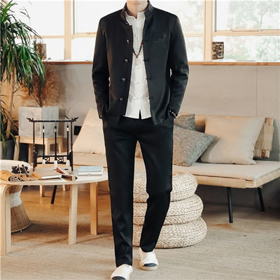 New Men's Business Casual Suit 2 Piece Chinese Vintage Style Men Wedding Embroidery Dress Clothing Blazers and Drawstring Pants